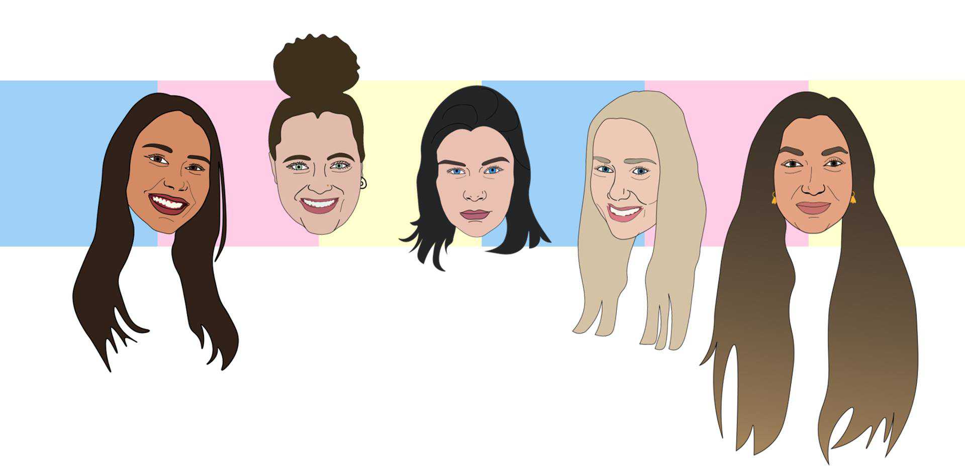 Cartoons van de organisatie van NO CLUE. Vlnr: Cheyenne Pattiwaël, Pien Adank, Eva de Heer, Lieke Lammertink en Anisa Demirci